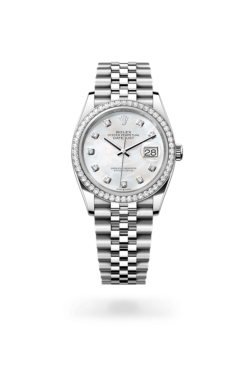 rolex DATEJUST front view in White Rolesor - combination of Oystersteel and white gold, M126284RBR-0011 - Myungbosa