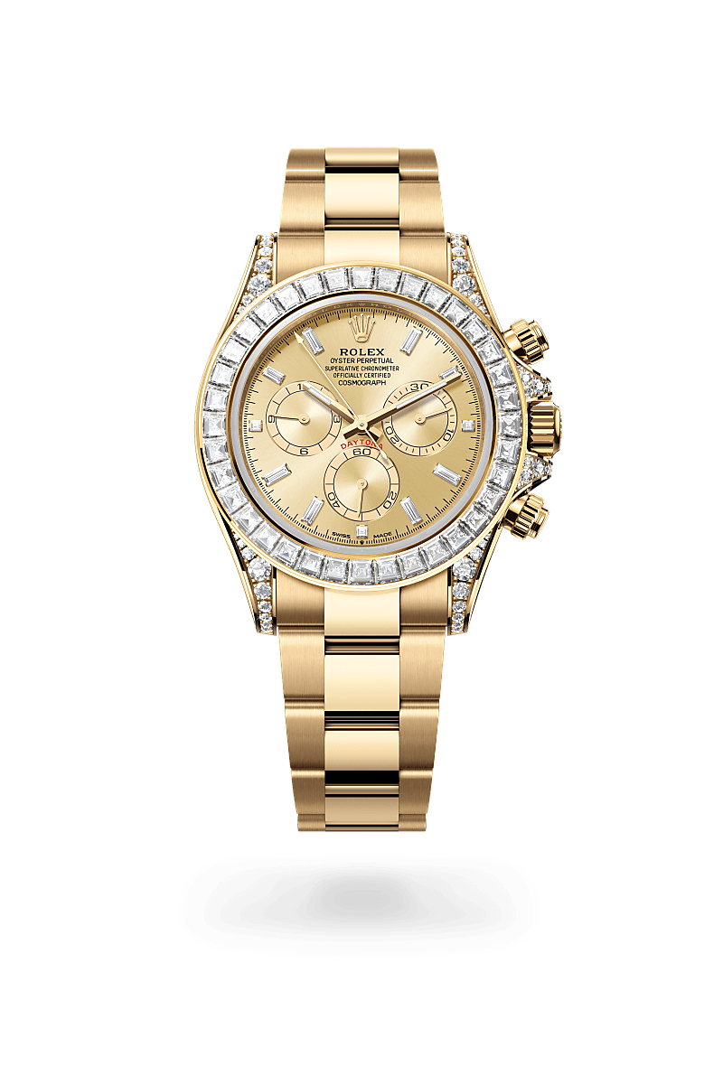 rolex COSMOGRAPH DAYTONA front view in 18 ct yellow gold with lugs set with diamonds, M126598TBR-0001 - Myungbosa