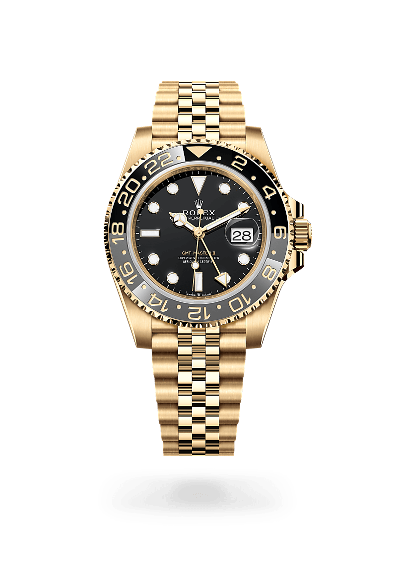 rolex GMT-MASTER II front view in 18 ct yellow gold, M126718GRNR-0001 - Myungbosa