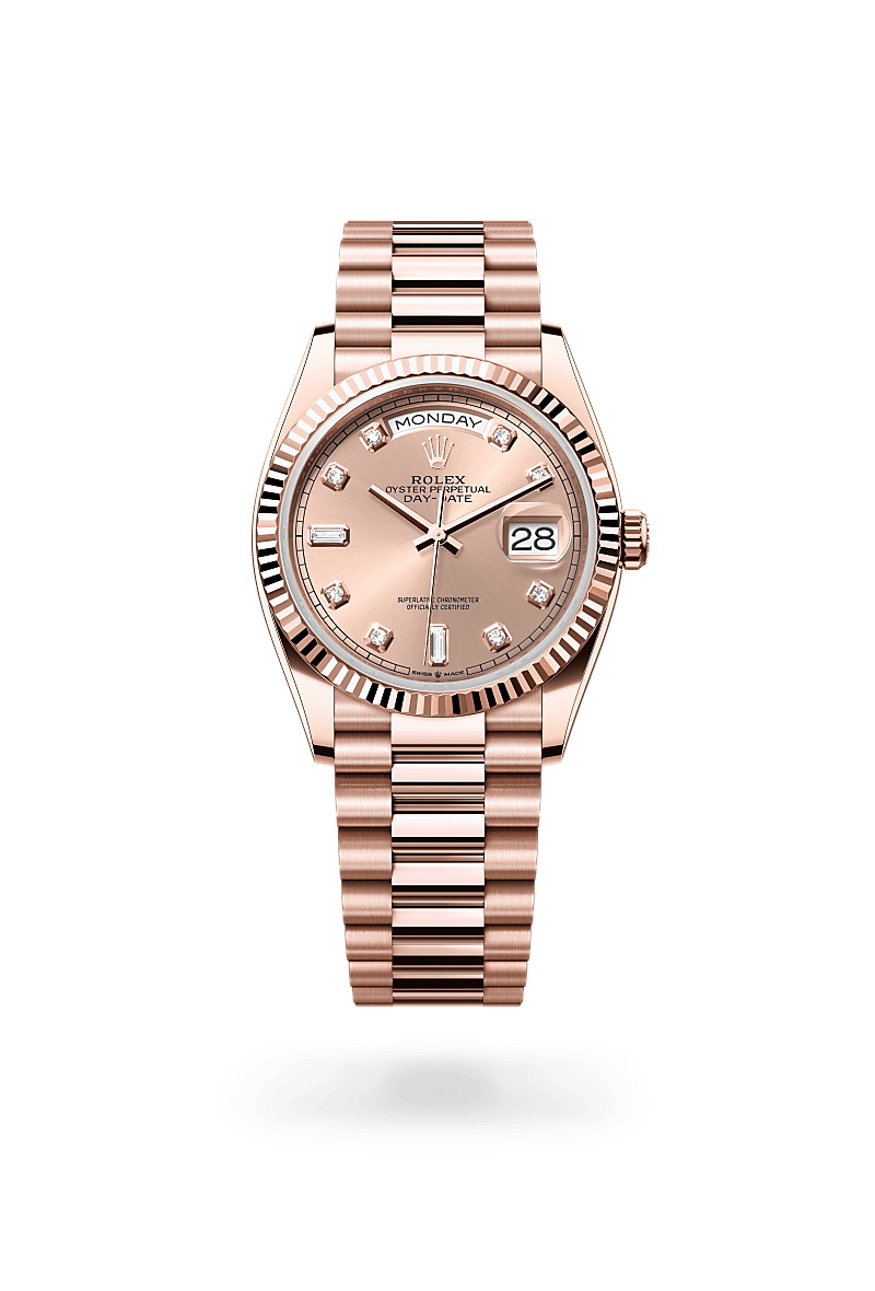 rolex DAY-DATE front view in 18 ct Everose gold, M128235-0009 - Myungbosa