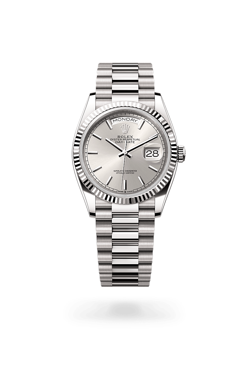 rolex DAY-DATE front view in 18 ct white gold, M128239-0005 - Myungbosa