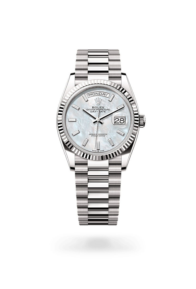 rolex DAY-DATE front view in 18 ct white gold, M128239-0065 - Myungbosa