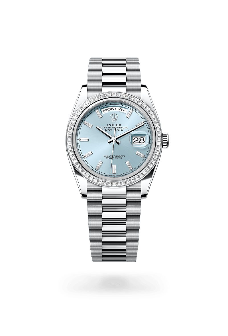 rolex DAY-DATE front view in Platinum, M128396TBR-0003 - Myungbosa