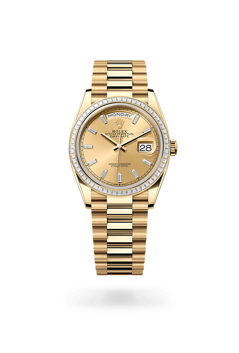 rolex DAY-DATE front view in 18 ct yellow gold, M128398TBR-0037 - Myungbosa