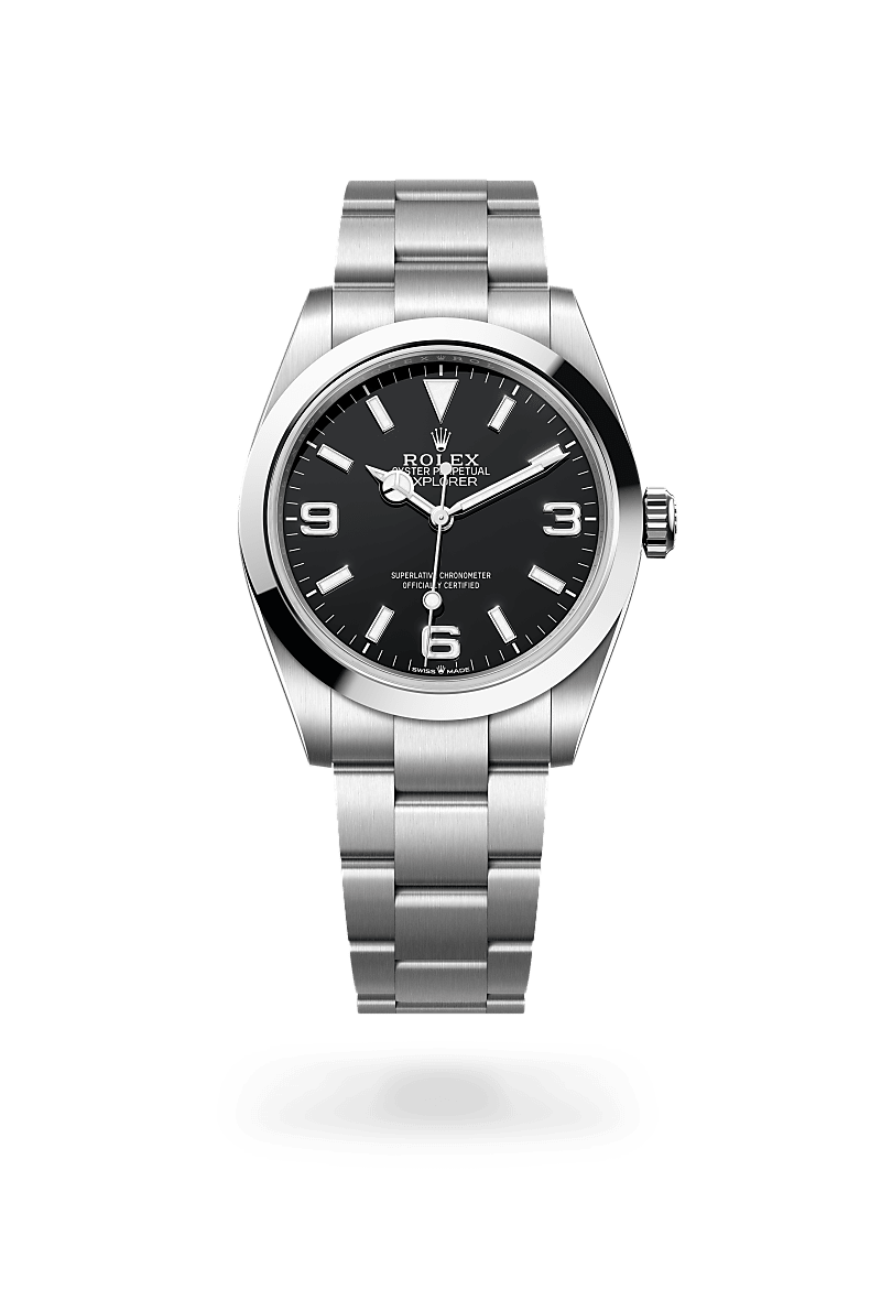 rolex EXPLORER front view in Oystersteel, M224270-0001 - Myungbosa