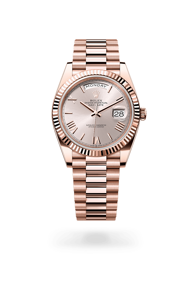 rolex DAY-DATE front view in 18 ct Everose gold, M228235-0001 - Myungbosa