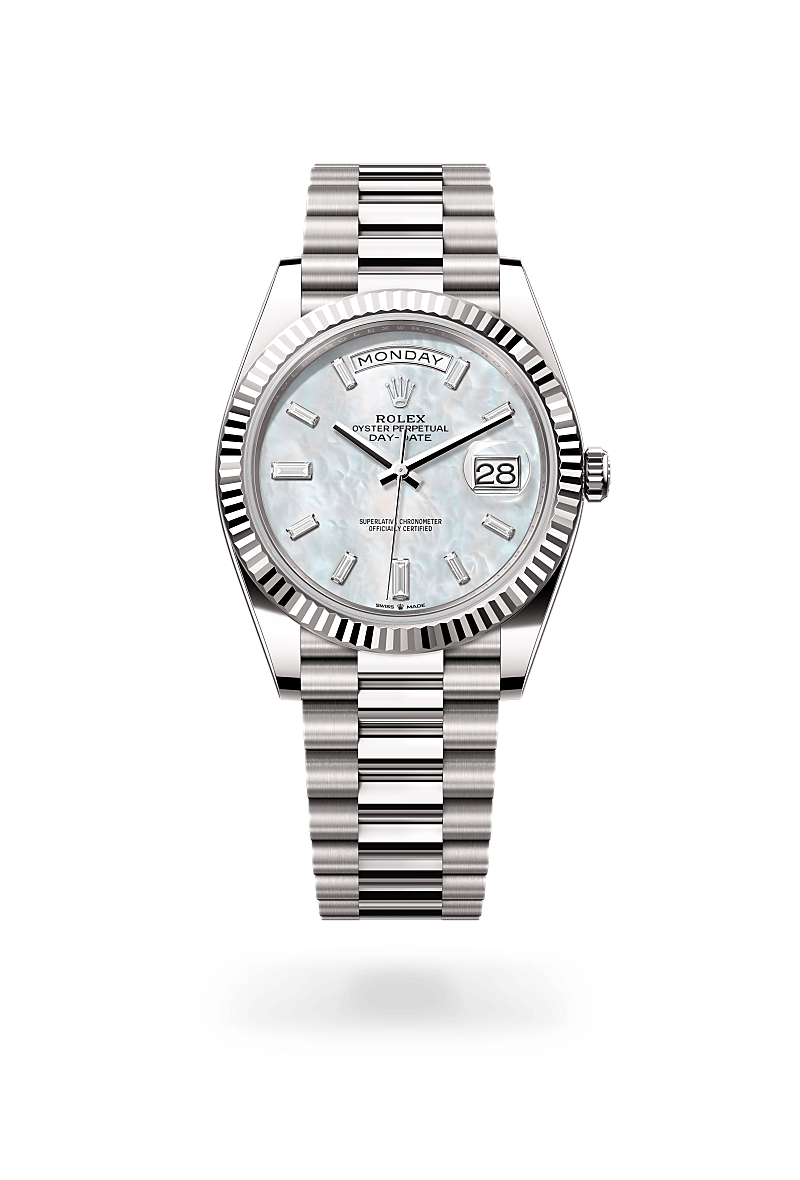 rolex DAY-DATE front view in 18 ct white gold, M228239-0078 - Myungbosa