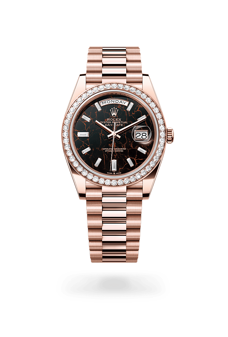 rolex DAY-DATE front view in 18 ct Everose gold, M228345RBR-0016 - Myungbosa