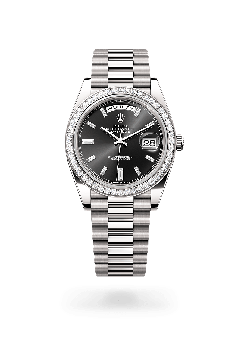 rolex DAY-DATE front view in 18 ct white gold, M228349RBR-0003 - Myungbosa