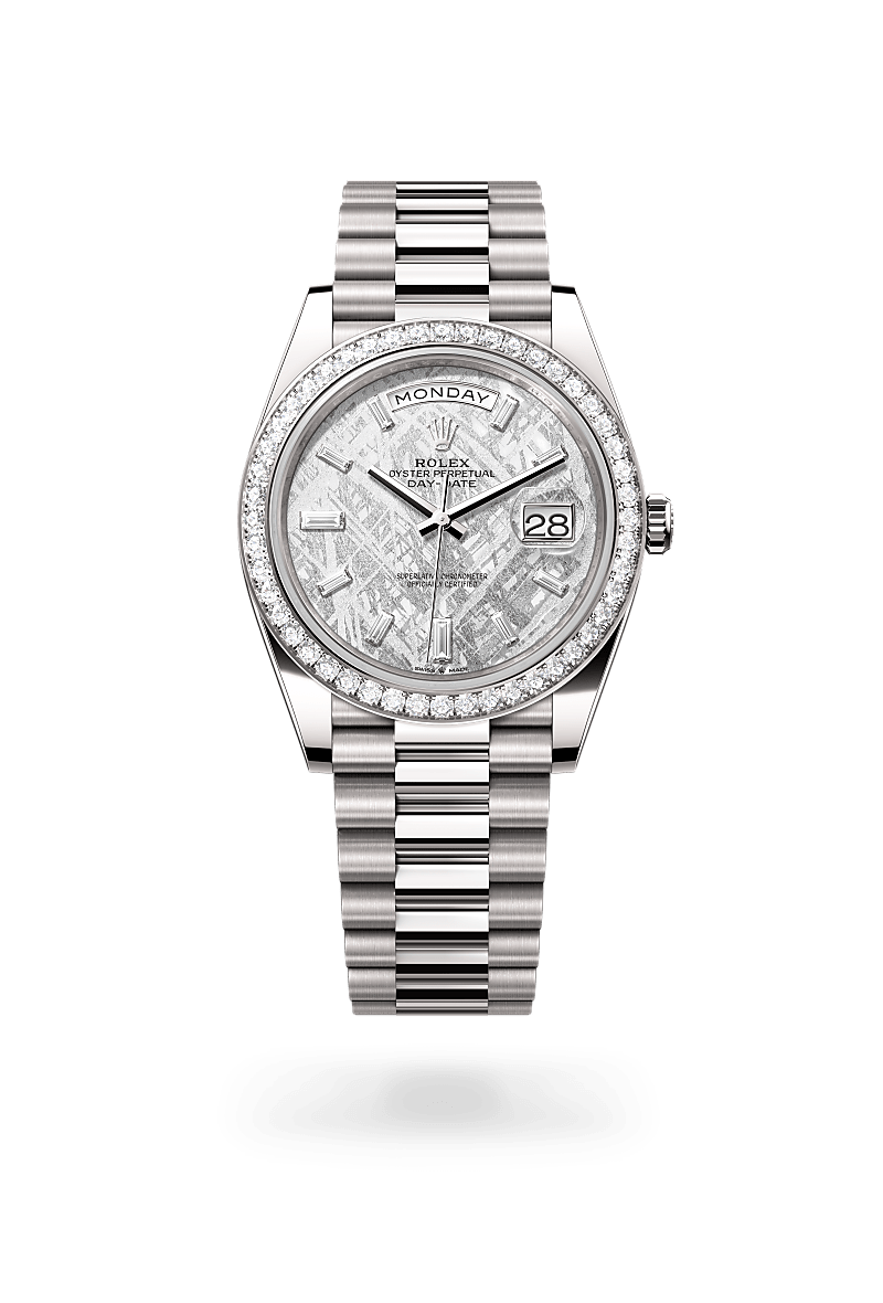 rolex DAY-DATE front view in 18 ct white gold, M228349RBR-0040 - Myungbosa