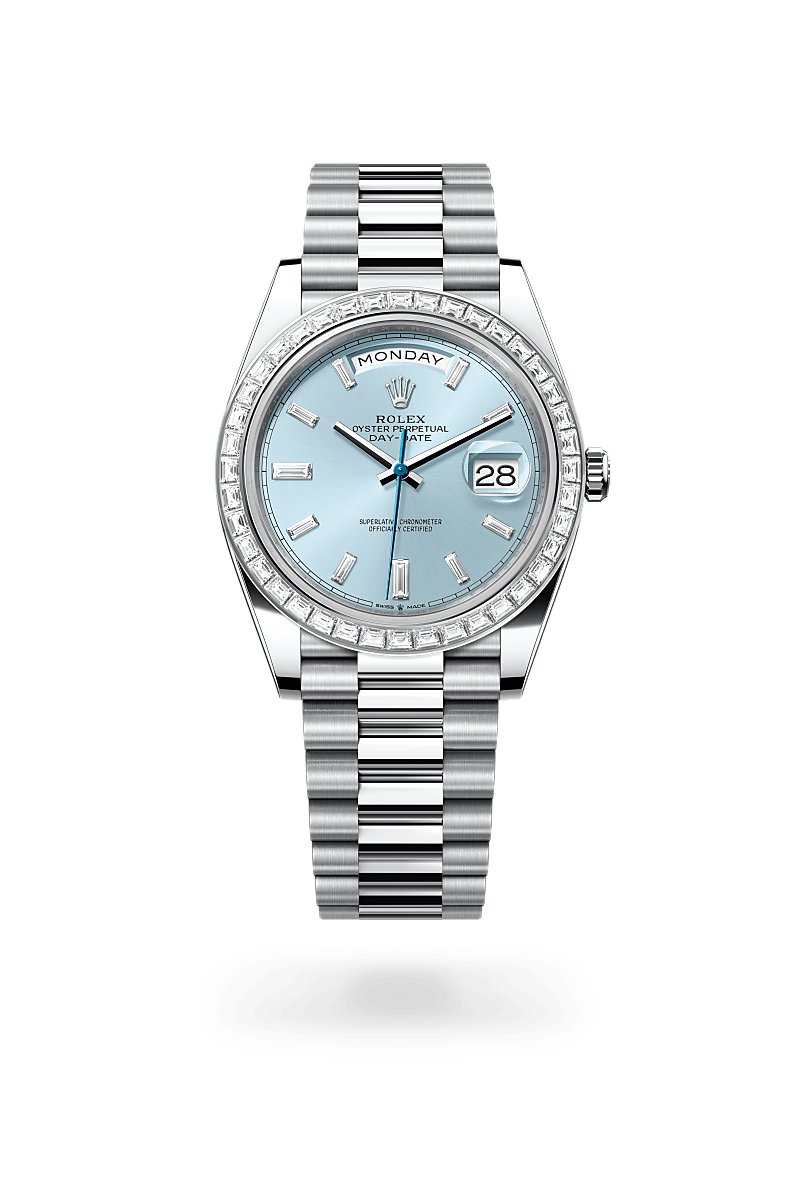 rolex DAY-DATE front view in Platinum, M228396TBR-0002 - Myungbosa