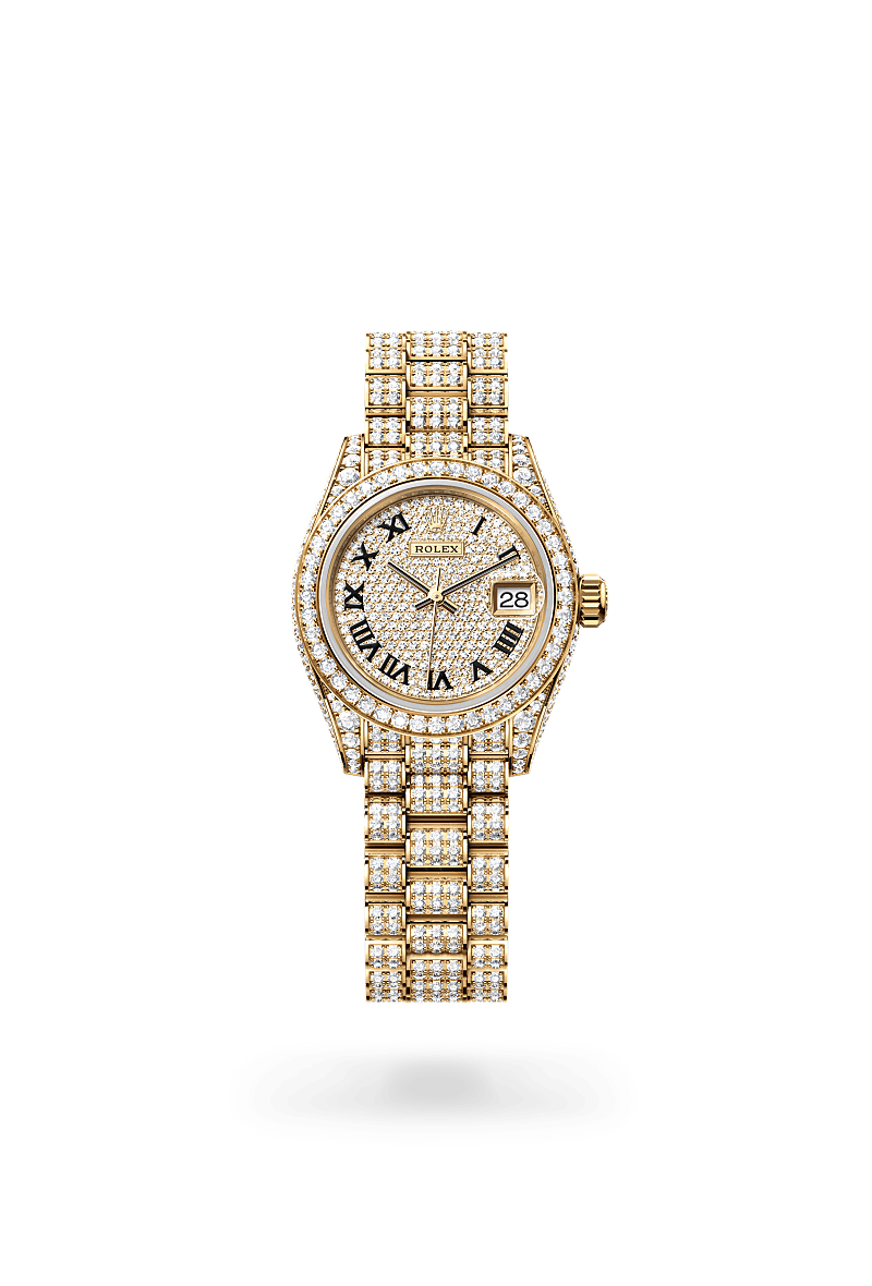 rolex LADY-DATEJUST front view in 18 ct yellow gold with case sides and lugs set with diamonds, M279458RBR-0001 - Myungbosa